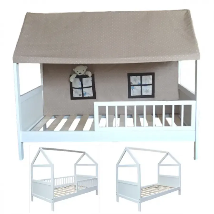 Koka gultiņa - namiņš ar auduma jumtiņu 160 x 70 cm