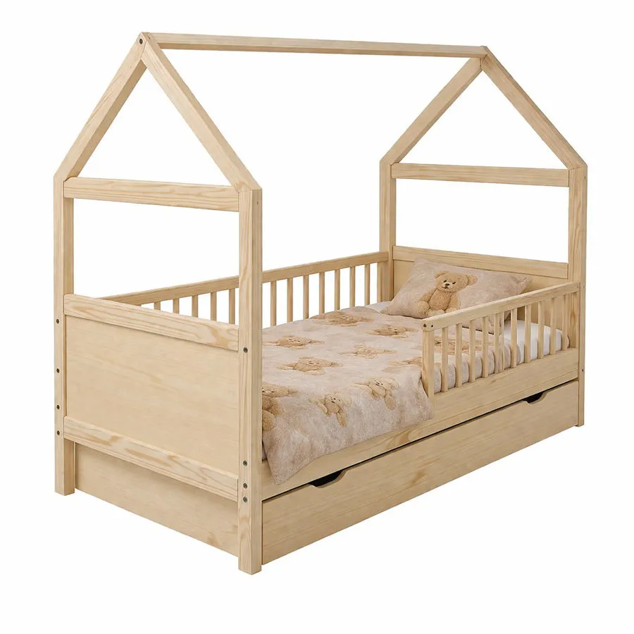 Priedes koka bērnu gulta - mājiņa ar atvilktni 140x70cm