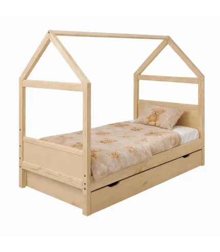 Priedes koka bērnu gulta - mājiņa ar atvilktni 140x70cm