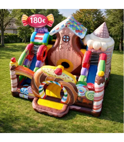 Liela piepūšamā atrakcija bērniem ar 2 slidkalniņiem un mājiņu – “Konfekte”