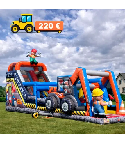LIELĀ piepūšamā atrakcija TRAKTORS ar slidkalniņu un šķēršļu joslu (13m)
