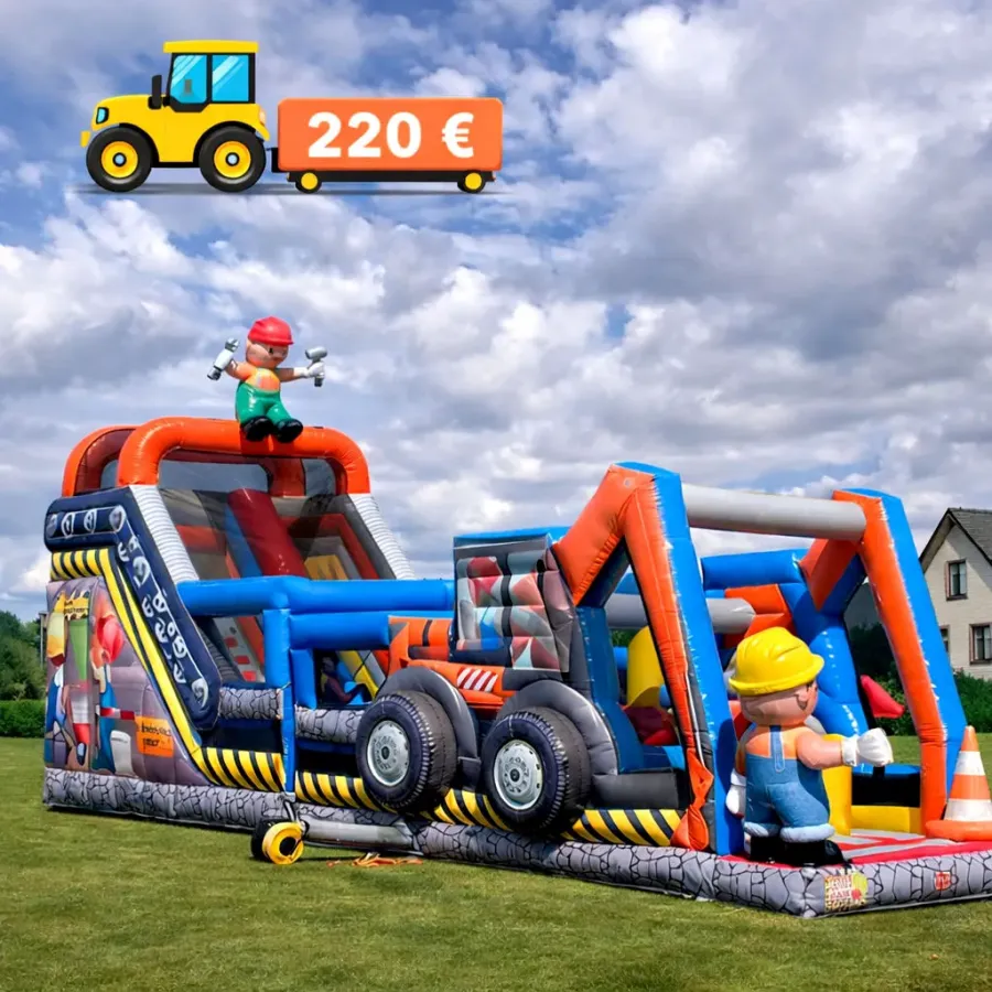 LIELĀ piepūšamā atrakcija TRAKTORS ar slidkalniņu un šķēršļu joslu (13m)