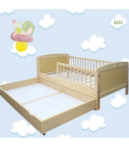 Priedes koka bērnu gultiņa ar barjeru un atvilktni 140x70