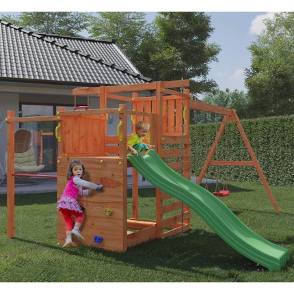 Climbing Star 3 -  rotaļu laukums ar šūpolēm, slidklaniņu un kāpšanas sienu un smilšu kasti.