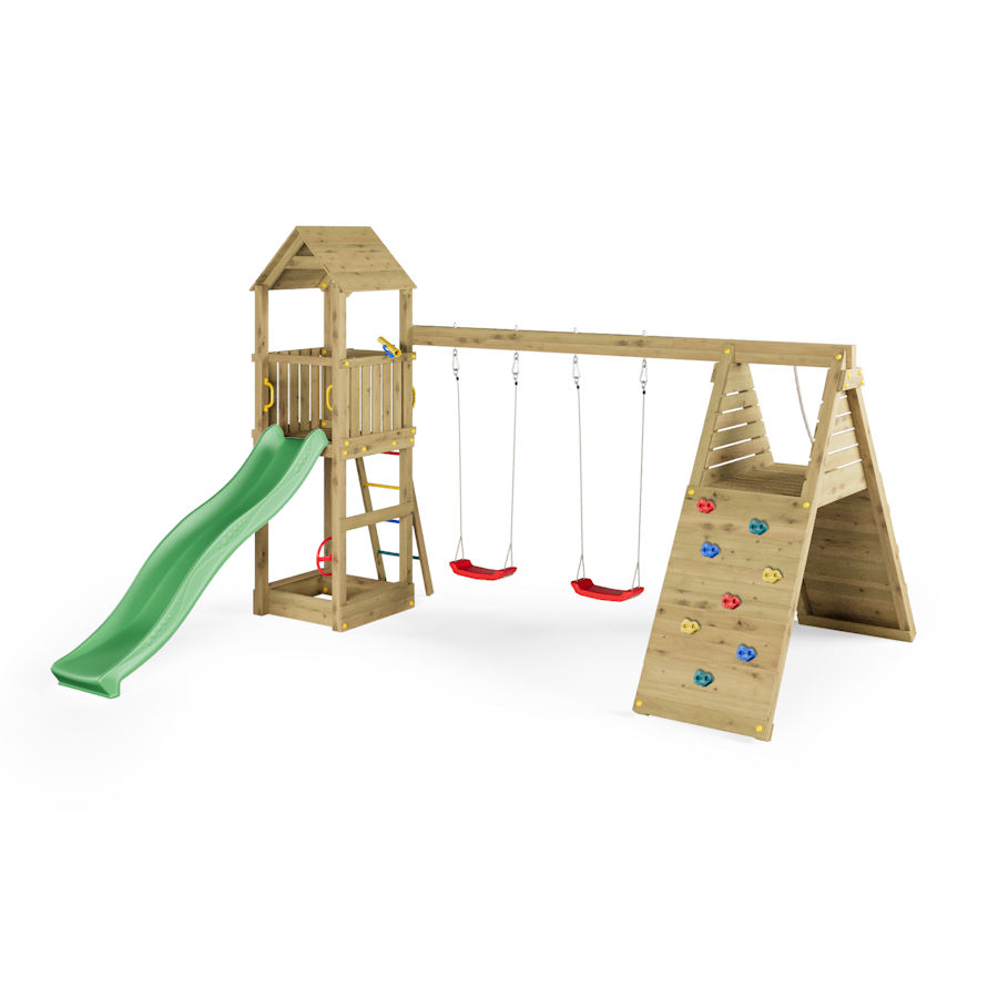 Koka rotaļu laukums Fleppi ar slidkalniņu un šūpolēm