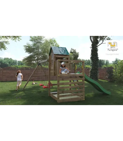 Rotaļu laukums ar šūpolēm, slidkalniņu, mājiņu un smilšu kasti.