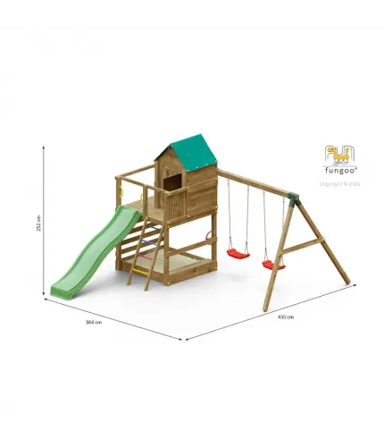 Rotaļu laukums ar šūpolēm, slidkalniņu, mājiņu un smilšu kasti.