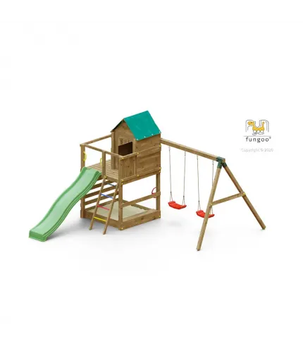 Rotaļu laukums ar šūpolēm, slidkalniņu, mājiņu un smilšu kasti.