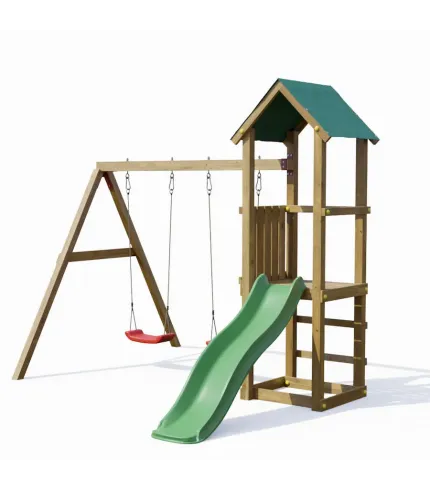 Koka rotaļu laukums ar slidkalniņu un šūpolēm – kompakts risinājums mazākiem dārziem