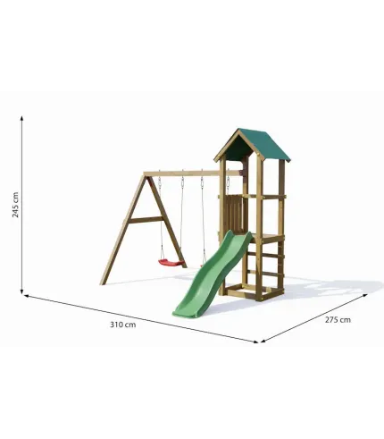Koka rotaļu laukums ar slidkalniņu un šūpolēm – kompakts risinājums mazākiem dārziem