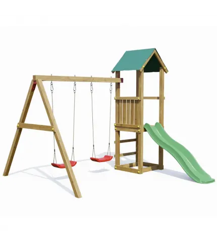 Koka rotaļu laukums ar slidkalniņu un šūpolēm – kompakts risinājums mazākiem dārziem