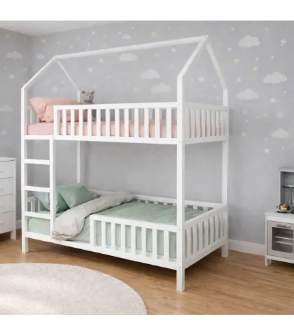 Balta divstāvu bērnu gulta - mājiņa 180 x 90 cm