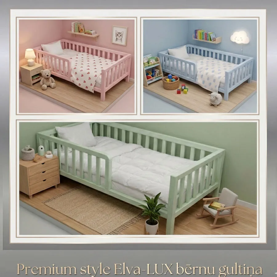 160 x 80 cm ELVA LUX  Pasteļtoņu masīvkoka bērnu gulta 
