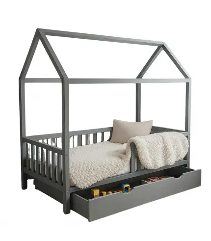 Pelēka gulta - mājiņa ar ATVIKTNI 160 x 80 cm