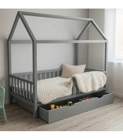 Pelēka gulta - mājiņa ar ATVIKTNI 160 x 80 cm