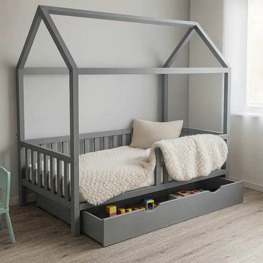 Pelēka gulta - mājiņa ar ATVIKTNI 160 x 80 cm