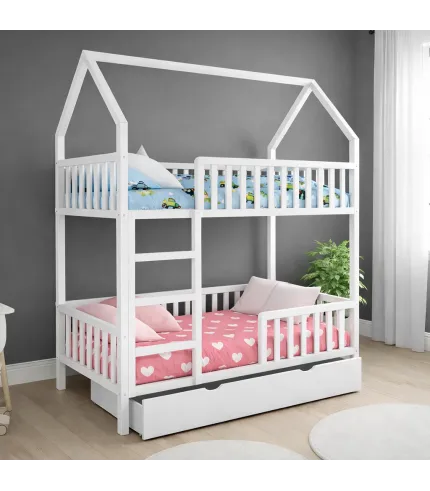Balta divstāvu bērnu gulta 180 x 90 cm ar ATVILKTNI