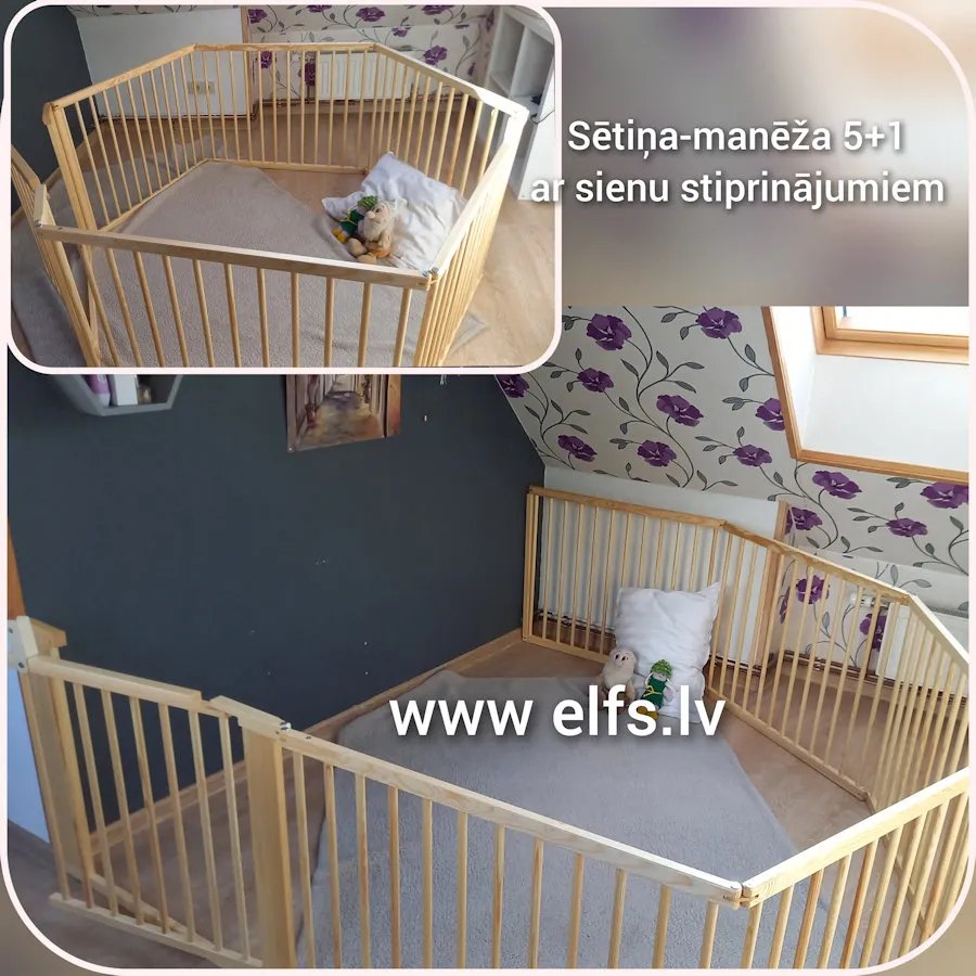 Koka drošības sētiņa ar vārtiņiem 5+1 un sienas stiprinājumiem