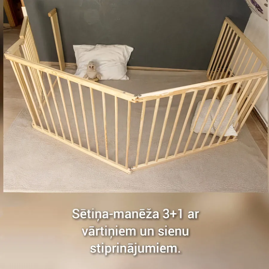 Dabīga koka drošības sētiņa ar vārtiņiem 3+1 ar sienas stiprinājumiem