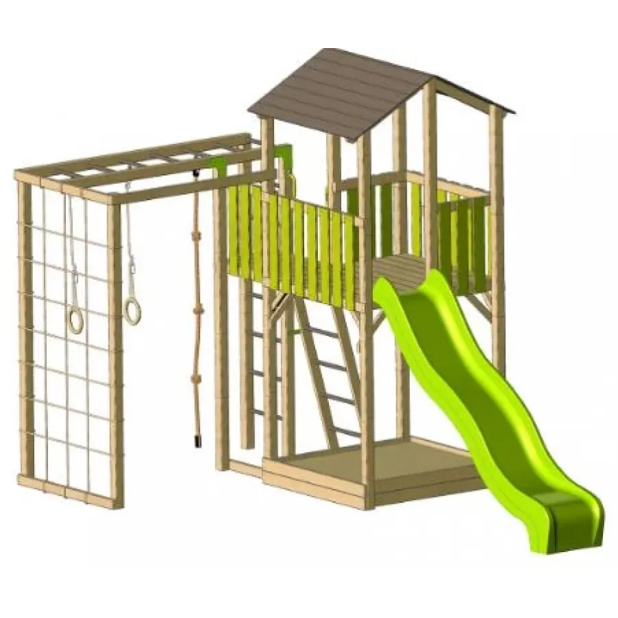 Bērnu koka rotaļu laukums ar slikalniņu un vingrošanas elementiem.