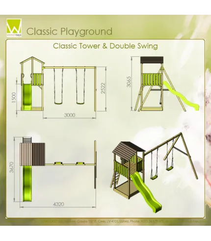 Klasisks bērnu rotaļu laukums ar dubultām šūpolēm.