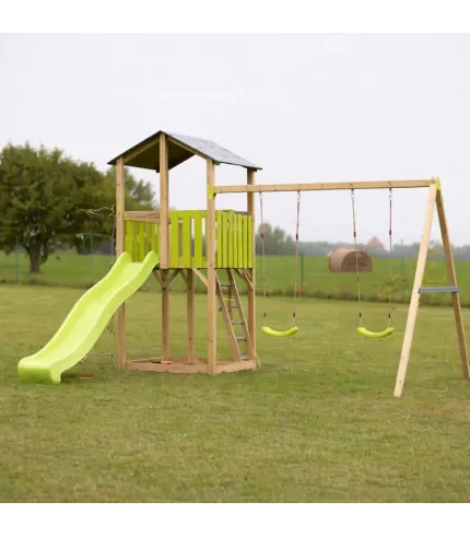 Klasisks bērnu rotaļu laukums ar dubultām šūpolēm.