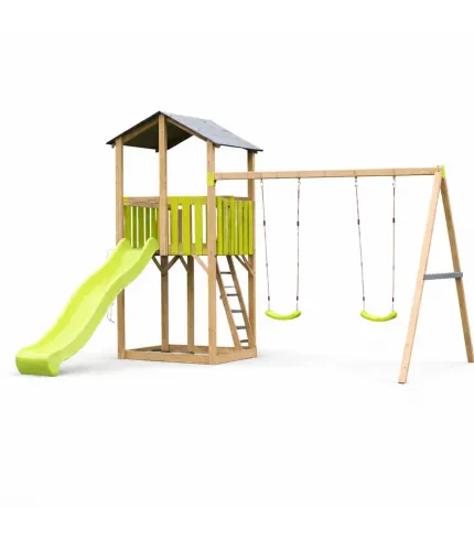 Klasisks bērnu rotaļu laukums ar dubultām šūpolēm.