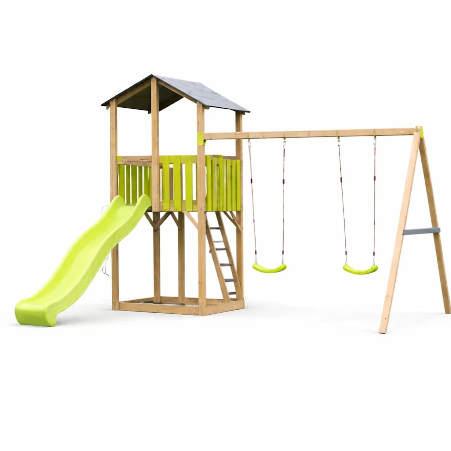 Klasisks bērnu rotaļu laukums ar dubultām šūpolēm.