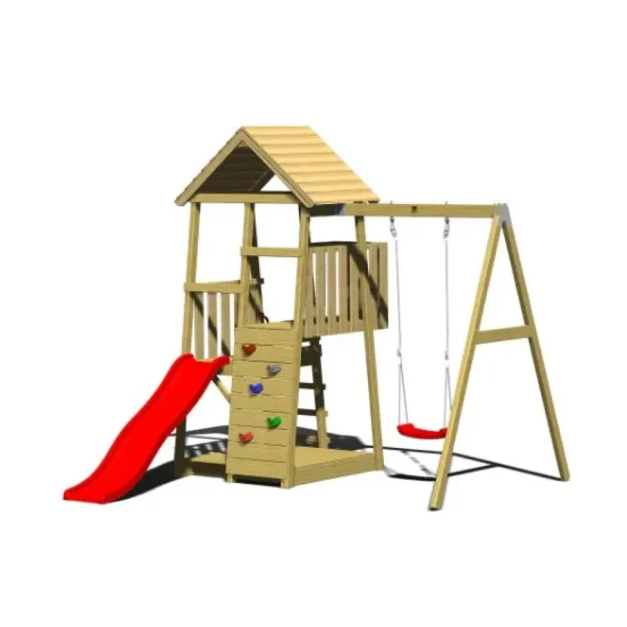 Rotaļu laukums ar slidkalniņu, šūpolēm un kāpšanas sienu un smilšu kasti.