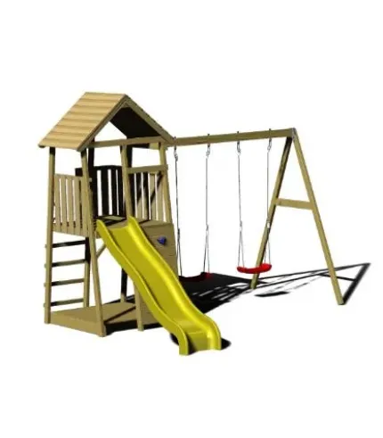 Junior rotaļu laukums ar slidkalniņu, smilšu kasti, šūpolēm, kāpšanas sienu.