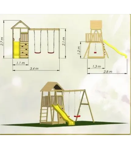 Junior rotaļu laukums ar slidkalniņu, smilšu kasti, šūpolēm, kāpšanas sienu.