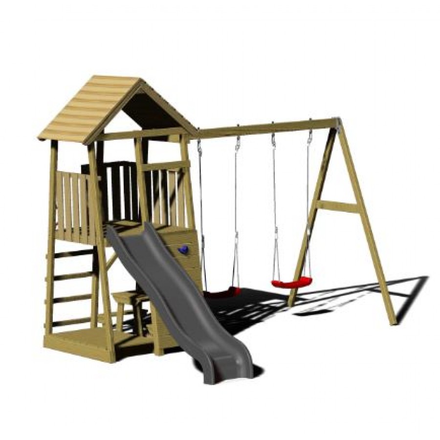 Bērnu rotaļu laukums ar slidkalniņu, smilšu kasti, šūpolēm, kāpšanas sienu un pilnika galdiņu ar soliem.