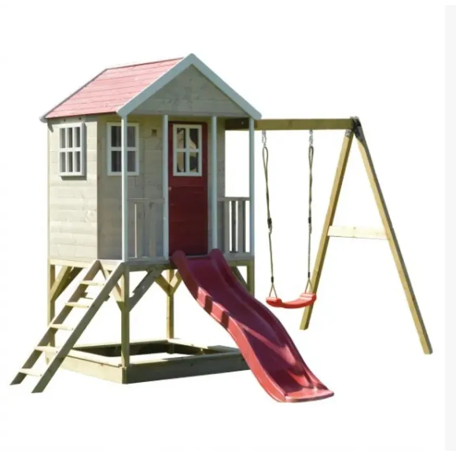 Rotaļu mājiņa Nordic Adventure House ar šūpolēm, slidkalniņu un smilšukasti.