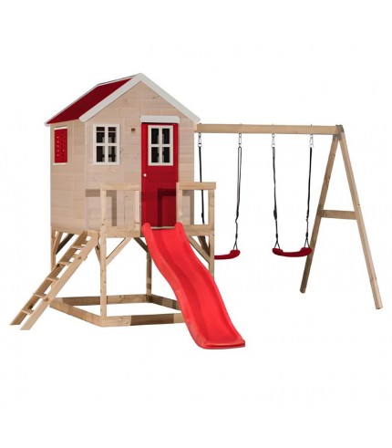 Koka rotaļu māja ar slidkalniņu un 2 šūpolēm.