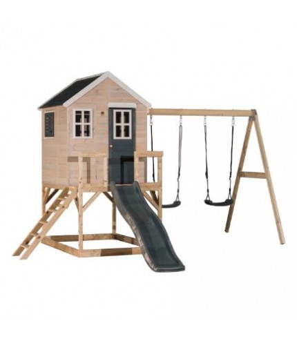 Koka rotaļu māja ar slidkalniņu un 2 šūpolēm.