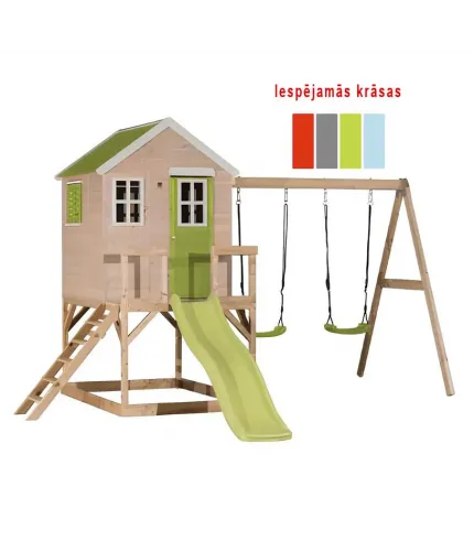 Koka rotaļu māja ar slidkalniņu un 2 šūpolēm.