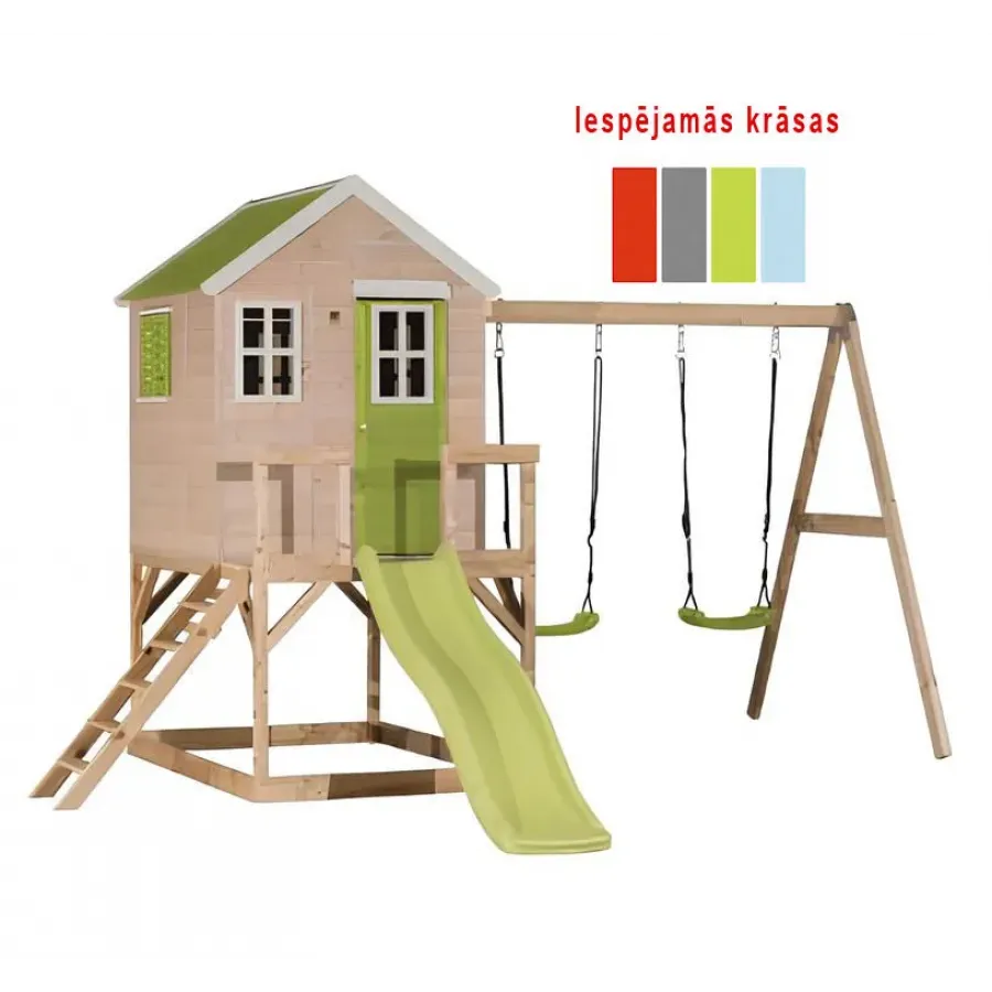 Koka rotaļu māja ar slidkalniņu un 2 šūpolēm.