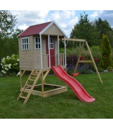 Sarkans koka rotaļu laukumiņš ar namiņu, platformu, slidkalniņu un šūpolēm