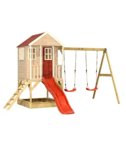 Sarkans koka rotaļu laukumiņš ar namiņu, platformu, slidkalniņu un šūpolēm