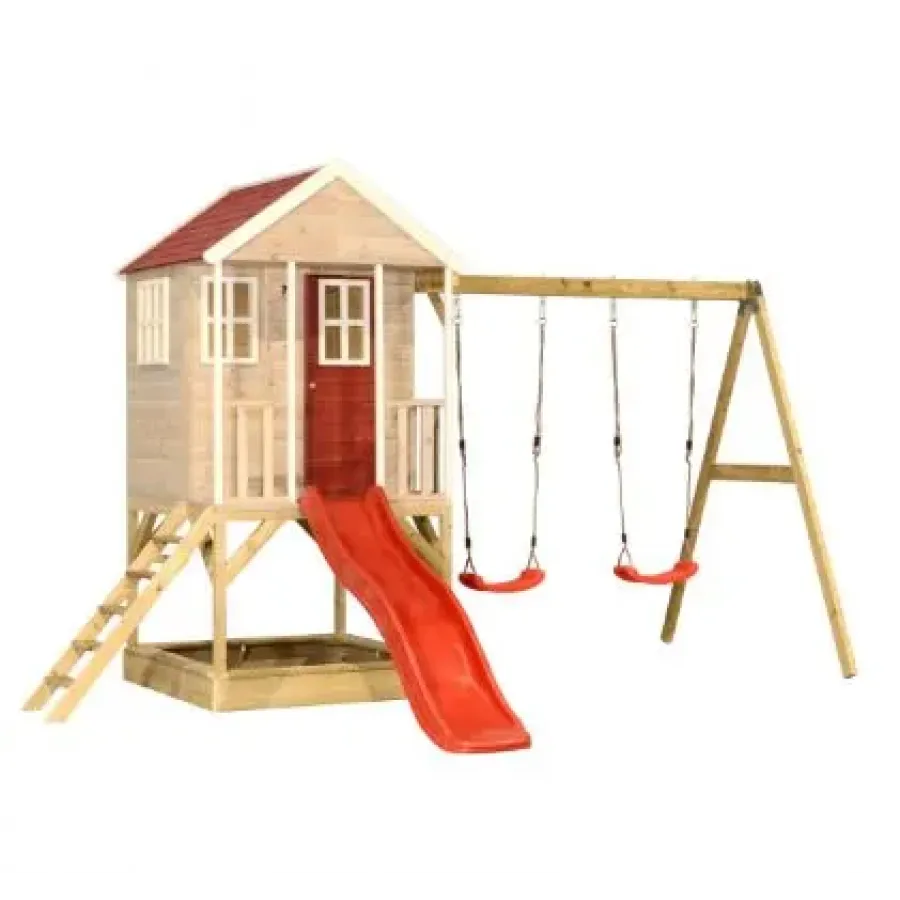 Sarkans koka rotaļu laukumiņš ar namiņu, platformu, slidkalniņu un šūpolēm