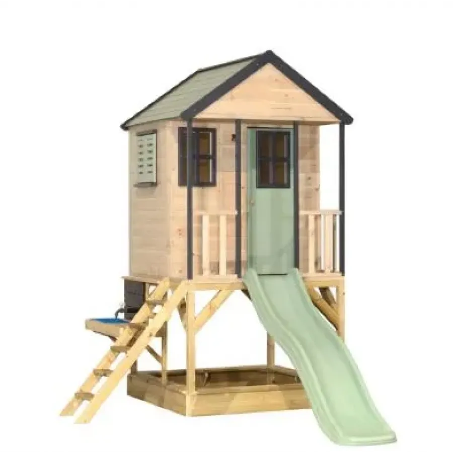 Rotaļu māja ar slidkalniņu un smilšu kasti un virtuvīti