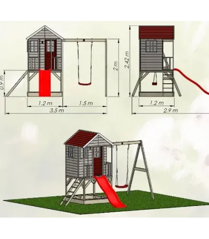 Bērnu rotaļu mājiņa Cottage Adventure House ar šūpolēm, slidkalniņu un smilšukasti.