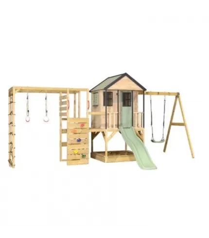 Rotaļu mājiņa + šūpoles + kāpšanas modulis Gym (rozā vai pasteļzaļš)