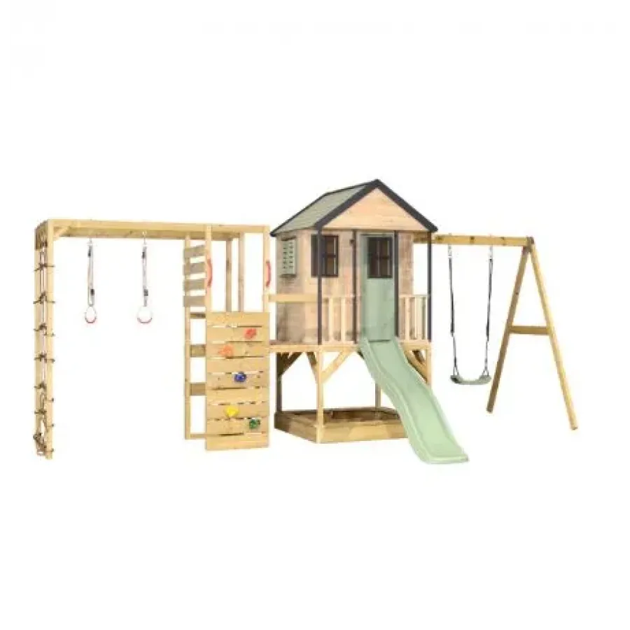 Rotaļu mājiņa + šūpoles + kāpšanas modulis Gym (rozā vai pasteļzaļš)