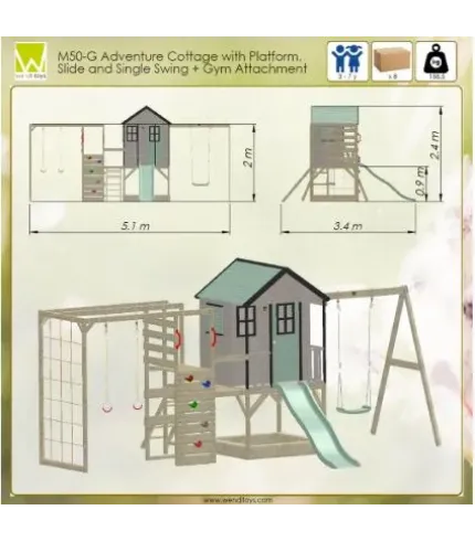 Rotaļu mājiņa + šūpoles + kāpšanas modulis Gym (rozā vai pasteļzaļš)
