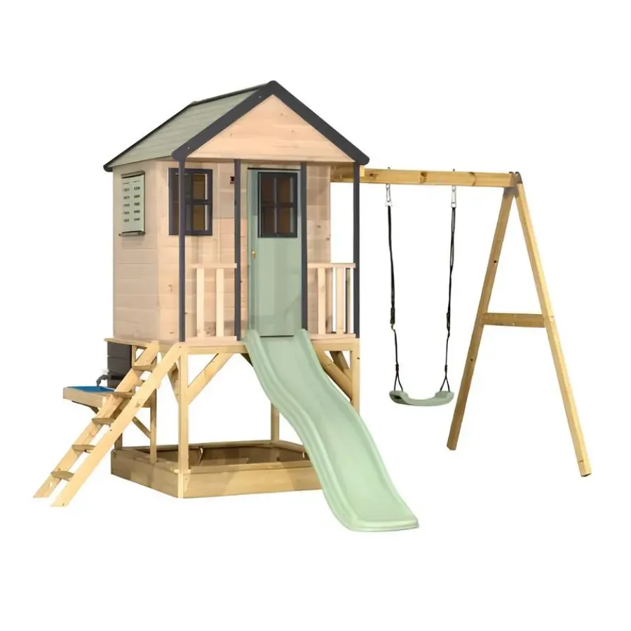 Bērnu rotaļu mājiņa Cottage Adventure House ar šūpolēm, slidkalniņu un smilšukasti.