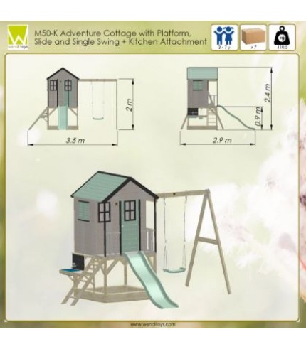 Bērnu rotaļu mājiņa Cottage Adventure House ar šūpolēm, slidkalniņu un smilšukasti.