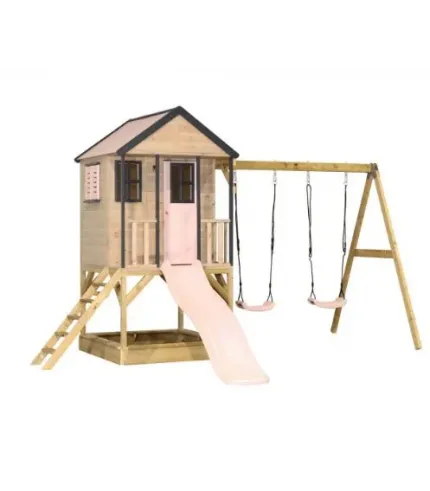 Bērnu rotaļu laukumiņš ar namiņu, platformu, slidkalniņu un šūpolēm