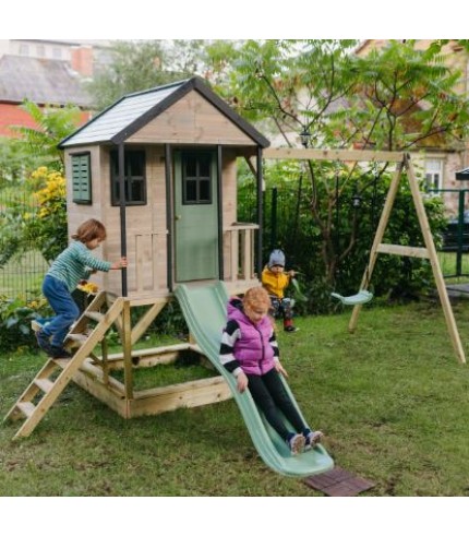 Bērnu rotaļu laukumiņš ar namiņu, platformu, slidkalniņu un šūpolēm