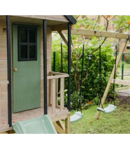 Bērnu rotaļu laukumiņš ar namiņu, platformu, slidkalniņu un šūpolēm